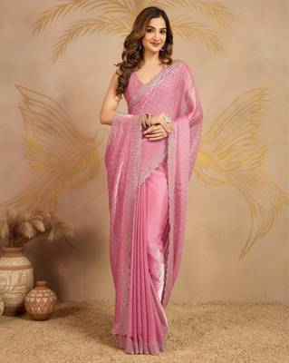 Chiffon swarovski Work Saree with Unstitched Blouse Piece 7