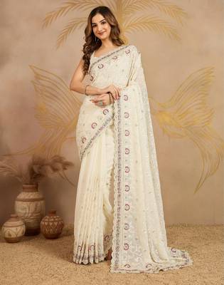 Geogette Embroidery Zarkan Work Saree with Unstitched Blouse Piece 1