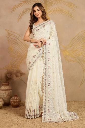 Geogette Embroidery Zarkan Work Saree with Unstitched Blouse Piece