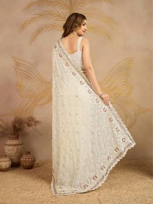 Geogette Embroidery Zarkan Work Saree with Unstitched Blouse Piece 2