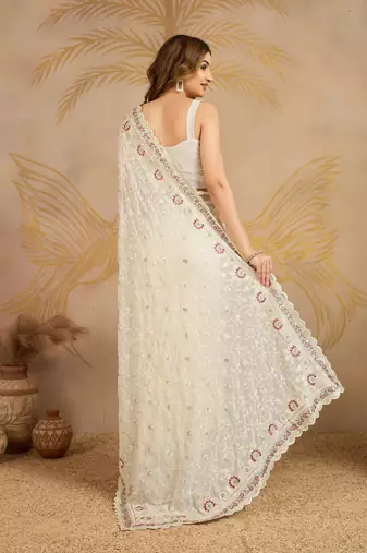 Trendmalls Geogette Embroidery Zarkan Work Saree with Unstitched Blouse Piece