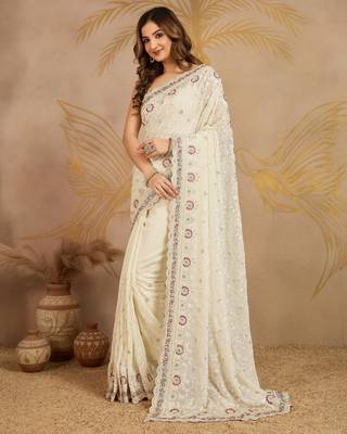 Geogette Embroidery Zarkan Work Saree with Unstitched Blouse Piece 3