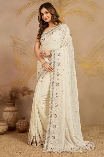 Trendmalls Geogette Embroidery Zarkan Work Saree with Unstitched Blouse Piece