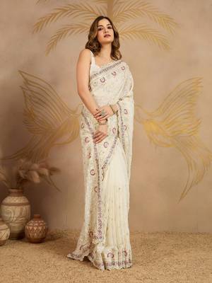 Geogette Embroidery Zarkan Work Saree with Unstitched Blouse Piece 7