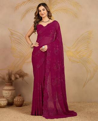 Geogette Embroidery swarovski Work Saree with Unstitched Blouse Piece 1
