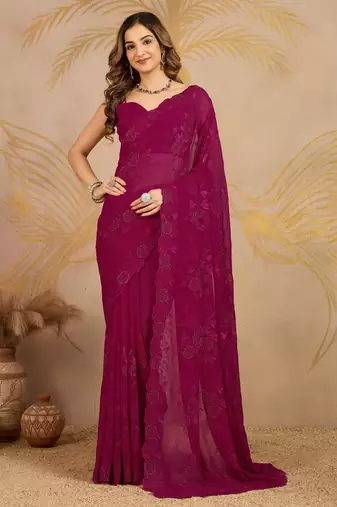 Trendmalls Geogette Embroidery swarovski Work Saree with Unstitched Blouse Piece