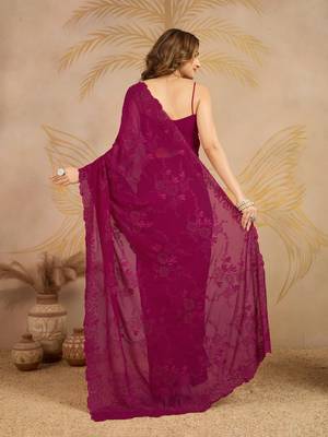 Geogette Embroidery swarovski Work Saree with Unstitched Blouse Piece 2