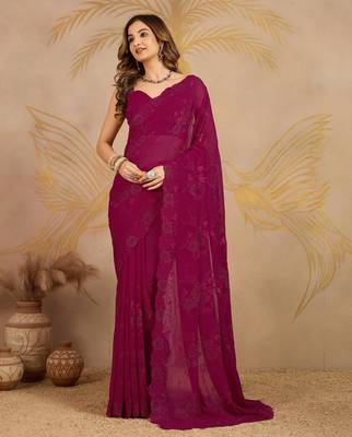 Geogette Embroidery swarovski Work Saree with Unstitched Blouse Piece 3