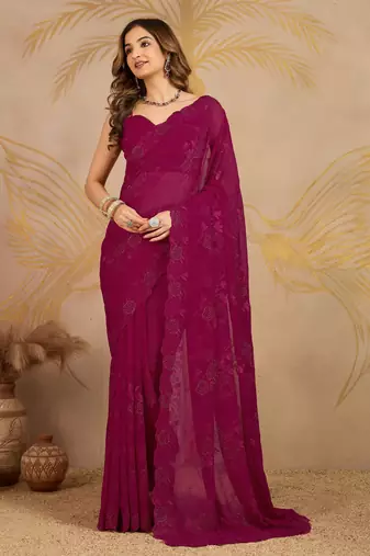 Geogette Embroidery swarovski Work Saree with Unstitched Blouse Piece