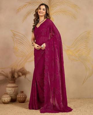 Geogette Embroidery swarovski Work Saree with Unstitched Blouse Piece 7