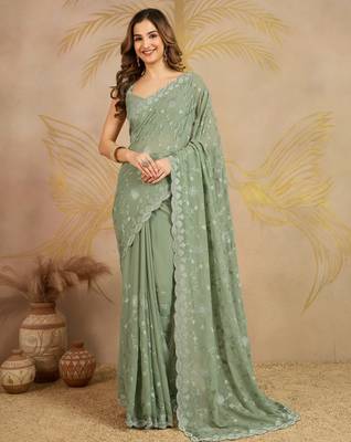 Geogette Embroidery Zarkan Work Saree with Unstitched Blouse Piece 1