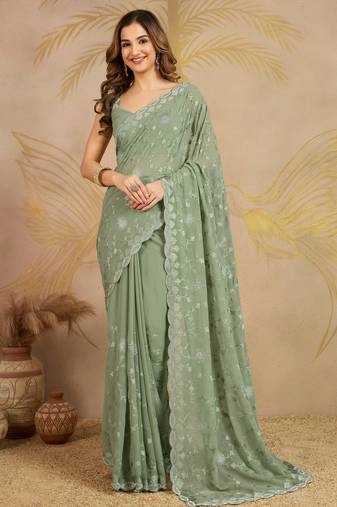 Geogette Embroidery Zarkan Work Saree with Unstitched Blouse Piece