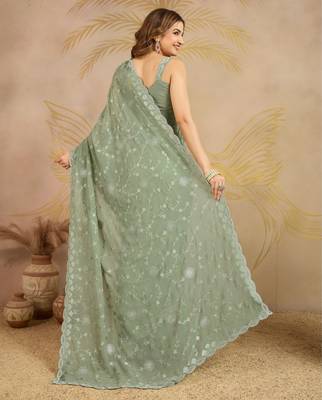 Geogette Embroidery Zarkan Work Saree with Unstitched Blouse Piece 2