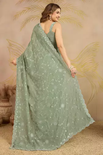 Geogette Embroidery Zarkan Work Saree with Unstitched Blouse Piece