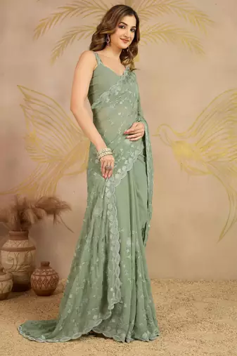 Geogette Embroidery Zarkan Work Saree with Unstitched Blouse Piece