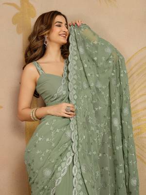 Geogette Embroidery Zarkan Work Saree with Unstitched Blouse Piece 6