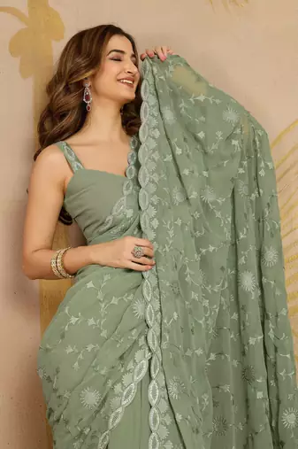 Geogette Embroidery Zarkan Work Saree with Unstitched Blouse Piece