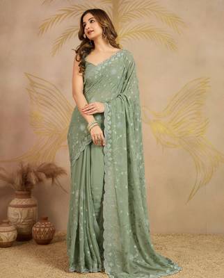 Geogette Embroidery Zarkan Work Saree with Unstitched Blouse Piece 7