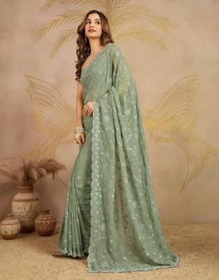 Geogette Embroidery Zarkan Work Saree with Unstitched Blouse Piece 8