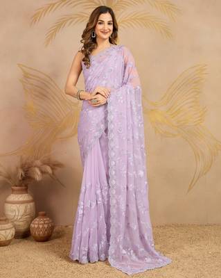 Chiffon Embroidery Zarkan Work Saree with Unstitched Blouse Piece 1