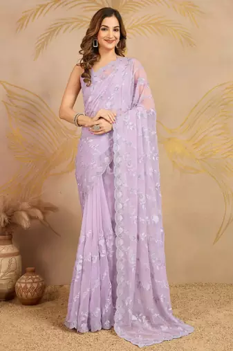 Chiffon Embroidery Zarkan Work Saree with Unstitched Blouse Piece
