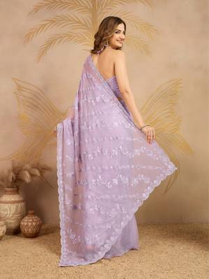 Chiffon Embroidery Zarkan Work Saree with Unstitched Blouse Piece 2