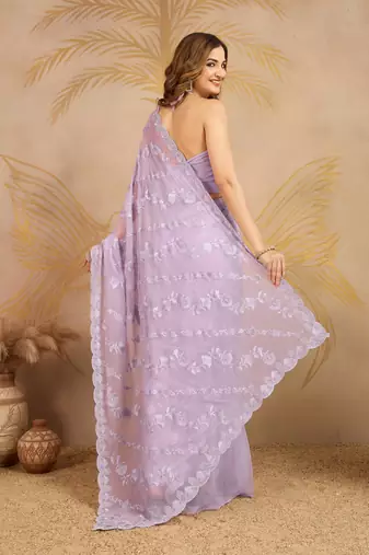 Trendmalls Chiffon Embroidery Zarkan Work Saree with Unstitched Blouse Piece