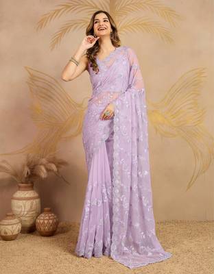 Chiffon Embroidery Zarkan Work Saree with Unstitched Blouse Piece 3