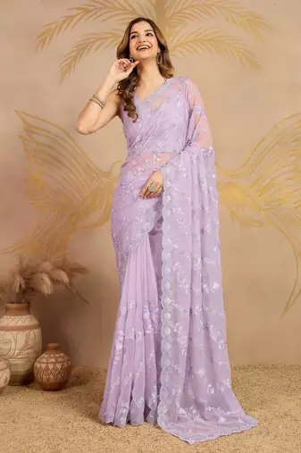 Trendmalls Chiffon Embroidery Zarkan Work Saree with Unstitched Blouse Piece