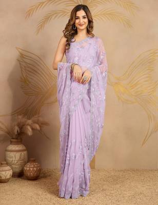 Chiffon Embroidery Zarkan Work Saree with Unstitched Blouse Piece 6