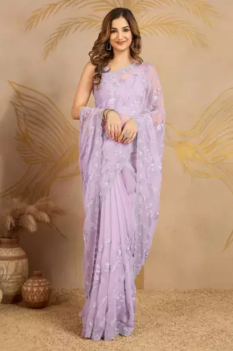 Trendmalls Chiffon Embroidery Zarkan Work Saree with Unstitched Blouse Piece