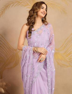 Chiffon Embroidery Zarkan Work Saree with Unstitched Blouse Piece 7