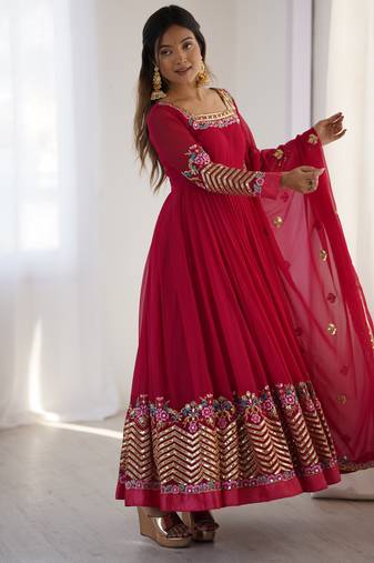 Red Elegant Embroidered Sequence Designer Anarkali Three Piece Set