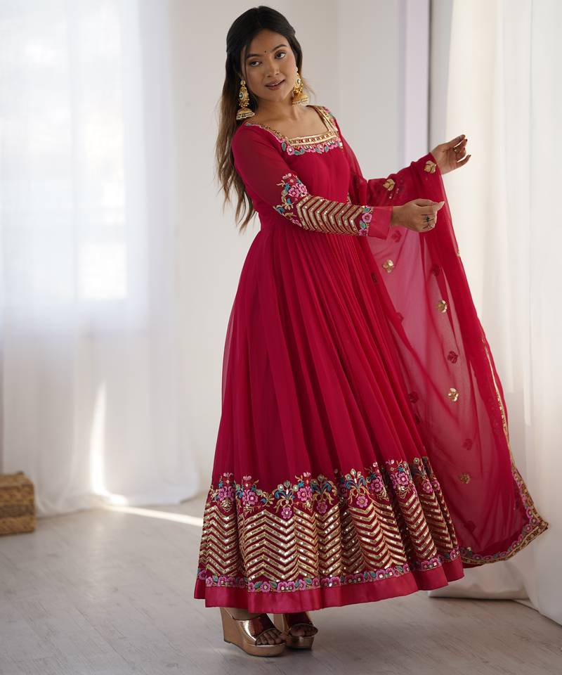 Red Elegant Embroidered Sequence Designer Anarkali Three Piece Set