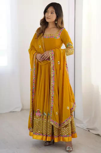 Mustard Elegant Embroidered Sequence Designer Anarkali Three Piece Set