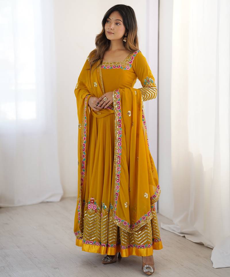 Mustard Elegant Embroidered Sequence Designer Anarkali Three Piece Set