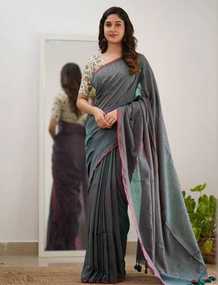 Tissue Cotton Handloom Saree with Printed Unstitched Blouse Piece 1