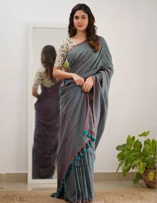 Tissue Cotton Handloom Saree with Printed Unstitched Blouse Piece 3