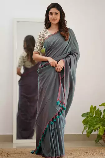 Trendmalls Tissue Cotton Handloom Saree with Printed Unstitched Blouse Piece