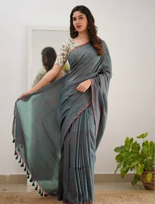 Tissue Cotton Handloom Saree with Printed Unstitched Blouse Piece 4