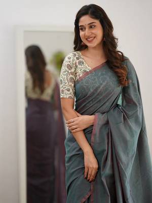 Tissue Cotton Handloom Saree with Printed Unstitched Blouse Piece 5