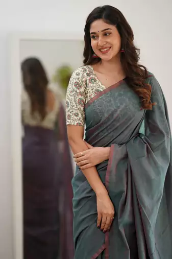 Trendmalls Tissue Cotton Handloom Saree with Printed Unstitched Blouse Piece