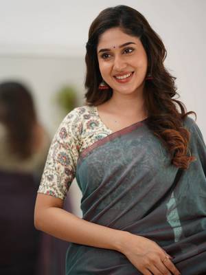 Tissue Cotton Handloom Saree with Printed Unstitched Blouse Piece 6