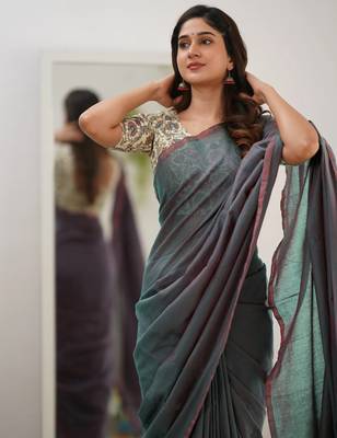 Tissue Cotton Handloom Saree with Printed Unstitched Blouse Piece 7