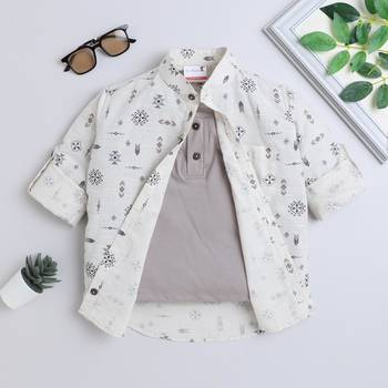 Beige cotton printed shirt for boys 4