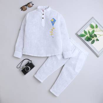 White cotton printed kurta pajama for boys 1