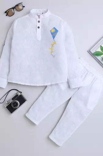 White cotton printed kurta pajama for boys