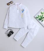 White cotton printed kurta pajama for boys