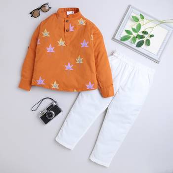 Orange cotton printed kurta pajama for boys 1