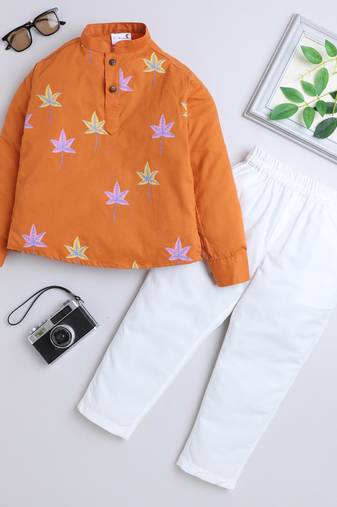Orange cotton printed kurta pajama for boys